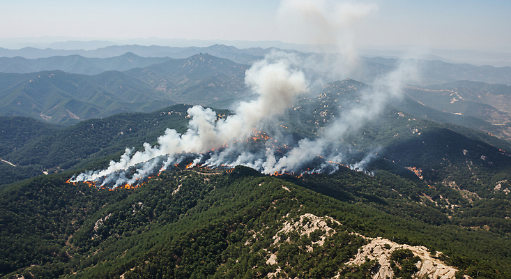 JPG 편집이미지 자연 불 건조 사람없음 봄 피해 연기 숲 위험 사회이슈 디지털합성 화재 산불 항공촬영 편집실사 AI포토 AI콘텐츠 자연요소 계절 뷰포인트 컨셉 사건 CG 생태계 파일형식