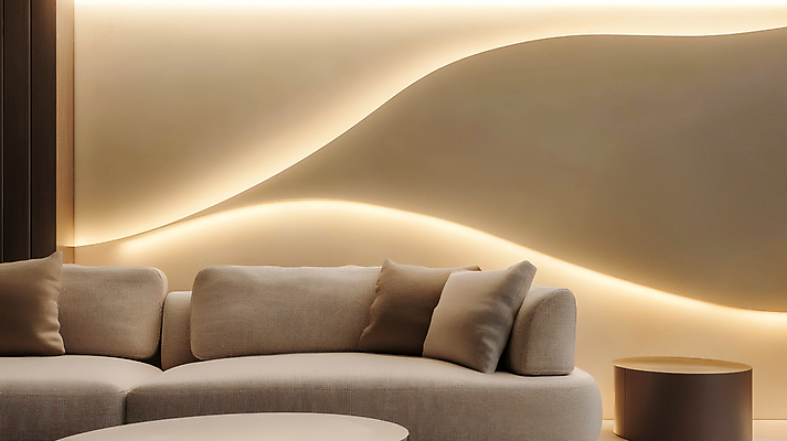 JPG 편집이미지 벽 쿠션 곡선 탁자 조명 사람없음 내부 인테리어 소파 베이지색 미니멀 차분 편집실사 AI포토 AI콘텐츠 디자인 선 컬러 가구 컨셉 의자 CG 파일형식