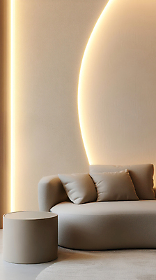 JPG 편집이미지 벽 쿠션 곡선 탁자 조명 사람없음 내부 인테리어 소파 베이지색 미니멀 차분 편집실사 AI포토 AI콘텐츠 디자인 선 컬러 가구 컨셉 의자 CG 파일형식