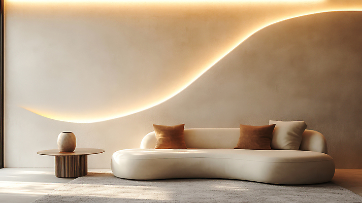 JPG 편집이미지 화분 벽 쿠션 곡선 탁자 조명 사람없음 내부 인테리어 소파 베이지색 미니멀 차분 편집실사 AI포토 AI콘텐츠 디자인 선 컬러 가구 컨셉 의자 CG 파일형식