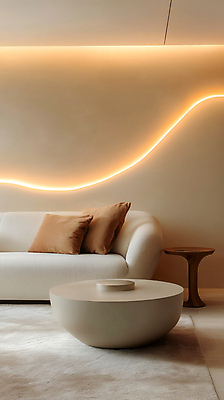 JPG 편집이미지 벽 쿠션 곡선 탁자 조명 사람없음 내부 인테리어 소파 베이지색 미니멀 차분 편집실사 AI포토 AI콘텐츠 디자인 선 컬러 가구 컨셉 의자 CG 파일형식