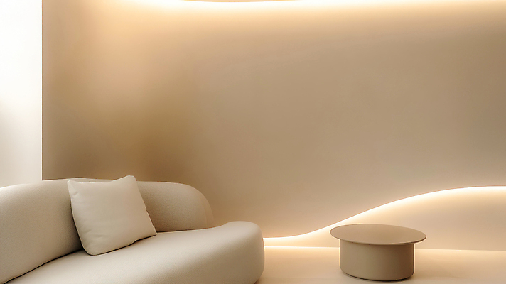 JPG 편집이미지 벽 쿠션 곡선 탁자 조명 사람없음 내부 인테리어 소파 베이지색 미니멀 차분 편집실사 AI포토 AI콘텐츠 디자인 선 컬러 가구 컨셉 의자 CG 파일형식