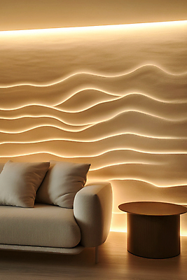 JPG 편집이미지 벽 쿠션 곡선 탁자 조명 사람없음 내부 인테리어 소파 베이지색 미니멀 차분 편집실사 AI포토 AI콘텐츠 디자인 선 컬러 가구 컨셉 의자 CG 파일형식