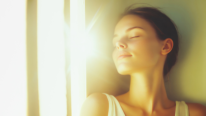 JPG 편집이미지 여자 얼굴 그림자 한명 미소 성인 햇빛 평화 눈감음 포근함 의료성형뷰티 성인여자한명만 편집실사 AI인물포토 AI콘텐츠 1 컨셉 모션 표정 사람 신체부위 태양 감각 CG 여자한명만 성인여자만 파일형식 AI포토