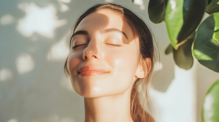 JPG 편집이미지 여자 얼굴 잎 그림자 한명 미소 성인 햇빛 평화 눈감음 포근함 의료성형뷰티 성인여자한명만 편집실사 AI인물포토 AI콘텐츠 식물 1 컨셉 모션 표정 사람 신체부위 태양 감각 CG 여자한명만 성인여자만 파일형식 AI포토