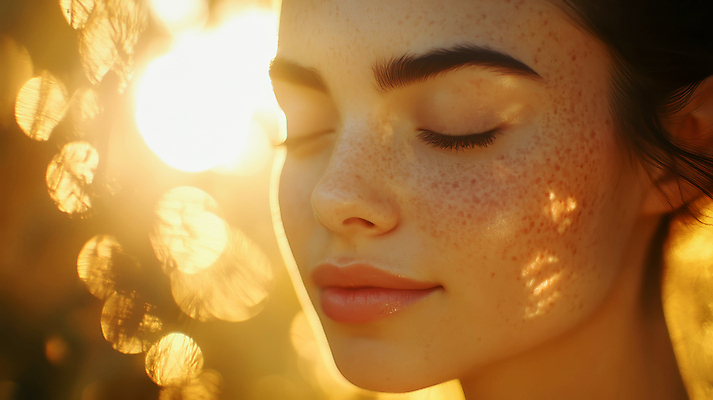 JPG 편집이미지 여자 얼굴 그림자 한명 미소 성인 햇빛 평화 눈감음 포근함 보케 주근깨 의료성형뷰티 성인여자한명만 편집실사 AI인물포토 AI콘텐츠 1 컨셉 모션 표정 사람 신체부위 태양 점 감각 CG 여자한명만 성인여자만 파일형식 AI포토