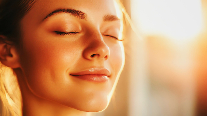 JPG 편집이미지 여자 얼굴 한명 미소 성인 햇빛 평화 눈감음 포근함 의료성형뷰티 성인여자한명만 편집실사 AI인물포토 AI콘텐츠 1 컨셉 모션 표정 사람 신체부위 태양 감각 CG 여자한명만 성인여자만 파일형식 AI포토