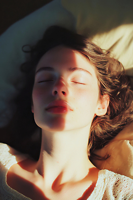 JPG 편집이미지 여자 얼굴 그림자 한명 미소 성인 햇빛 평화 눈감음 잠 포근함 의료성형뷰티 성인여자한명만 편집실사 AI인물포토 AI콘텐츠 1 컨셉 모션 표정 사람 신체부위 태양 감각 CG 여자한명만 성인여자만 파일형식 AI포토