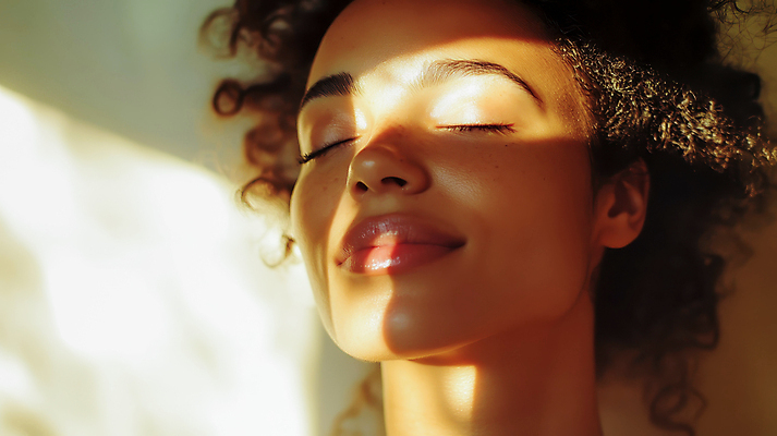 JPG 편집이미지 여자 얼굴 그림자 한명 미소 성인 햇빛 평화 눈감음 포근함 의료성형뷰티 성인여자한명만 편집실사 AI인물포토 AI콘텐츠 1 컨셉 모션 표정 사람 신체부위 태양 감각 CG 여자한명만 성인여자만 파일형식 AI포토