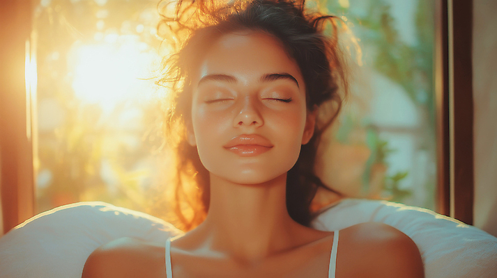 JPG 편집이미지 여자 얼굴 한명 미소 성인 햇빛 평화 눈감음 포근함 의료성형뷰티 성인여자한명만 편집실사 AI인물포토 AI콘텐츠 1 컨셉 모션 표정 사람 신체부위 태양 감각 CG 여자한명만 성인여자만 파일형식 AI포토