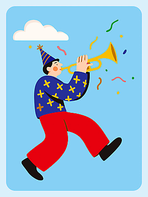 전신 남자 하늘색 일러스트 한명 미소 이벤트 성인 쇼핑 세일 걷기 고깔모자 불기 나팔 즐거움 꽃가루 성인남자한명만 국내일러스트 AI파일 모자_잡화 1 감정 악기 모션 표정 사람 파란색 가루 남자한명만 성인남자만 파일형식 벡터