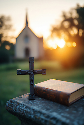 JPG 편집이미지 십자가 하늘 잔디 사람없음 아웃포커스 햇빛 교회 노을 성경 편집실사 AI포토 AI콘텐츠 자연요소 식물 종교용품 종교건축 촬영기법 건물 태양 CG 파일형식