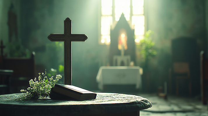 JPG 편집이미지 십자가 실내 사람없음 아웃포커스 햇빛 교회 성경 안개꽃 원형탁자 편집실사 AI포토 AI콘텐츠 꽃 종교용품 종교건축 탁자 촬영기법 내부 건물 태양 CG 한해살이풀 파일형식