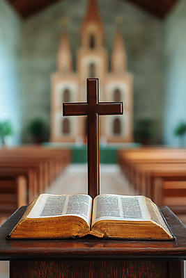 JPG 편집이미지 십자가 의자 탁자 실내 사람없음 아웃포커스 교회 성경 편집실사 AI포토 AI콘텐츠 가구 종교용품 종교건축 촬영기법 내부 건물 CG 파일형식