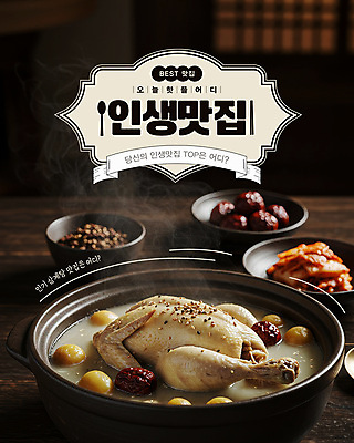 템플릿 그릇 접시 젓가락 반찬 사람없음 숟가락 검은색 수증기 삼계탕 맛집 나무탁자 메뉴소개 핫플레이스 이미지템플릿 AI파일 식기 음식 컬러 탁자 수저 장소 보양식 파일형식 벡터