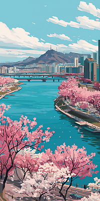 JPG 여유 일러스트 서울 한국 따뜻함 풍경 사람없음 고요 봄 벚꽃 도시 한강 감성 꽃길 연분홍색 전경 국내일러스트 AI일러스트 AI콘텐츠 계절 꽃 감정 아시아 길 분홍색 컨셉 랜드마크 파일형식 탑뷰