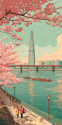 JPG 여자 남자 여유 일러스트 서울 한국 따뜻함 풍경 여러명 고요 봄 산책 벚꽃 도시 한강 감성 꽃길 연분홍색 성인만 전경 국내일러스트 AI일러스트 AI콘텐츠 계절 꽃 감정 아시아 길 분홍색 다수 컨셉 휴식 사람 랜드마크 파일형식 탑뷰