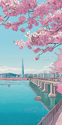 JPG 여유 일러스트 서울 한국 따뜻함 풍경 사람없음 고요 봄 벚꽃 도시 한강 감성 꽃길 연분홍색 가교 전경 국내일러스트 AI일러스트 AI콘텐츠 건축물 계절 꽃 감정 아시아 길 분홍색 컨셉 랜드마크 파일형식 탑뷰