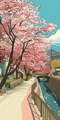 JPG 여유 일러스트 서울 한국 따뜻함 풍경 사람없음 고요 봄 산책로 벚꽃 도시 감성 꽃길 연분홍색 전경 국내일러스트 AI일러스트 AI콘텐츠 계절 꽃 감정 아시아 길 분홍색 컨셉 파일형식 탑뷰