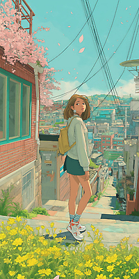 JPG 여자 여유 일러스트 서울 한국 따뜻함 한명 풍경 성인 고요 봄 산책 벚꽃 도시 뒤돌아보기 감성 주택가 꽃길 연분홍색 성인여자한명만 전경 국내일러스트 AI일러스트 AI콘텐츠 1 계절 꽃 감정 아시아 길 분홍색 컨셉 모션 휴식 사람 여자한명만 성인여자만 파일형식 탑뷰