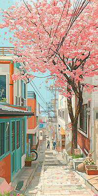 JPG 여유 일러스트 주택 서울 한국 따뜻함 풍경 두명 고요 봄 산책 벚꽃 도시 골목길 감성 주택가 꽃길 연분홍색 성인만 전경 국내일러스트 AI일러스트 AI콘텐츠 계절 꽃 감정 아시아 길 분홍색 컨셉 휴식 사람 건물 파일형식 탑뷰