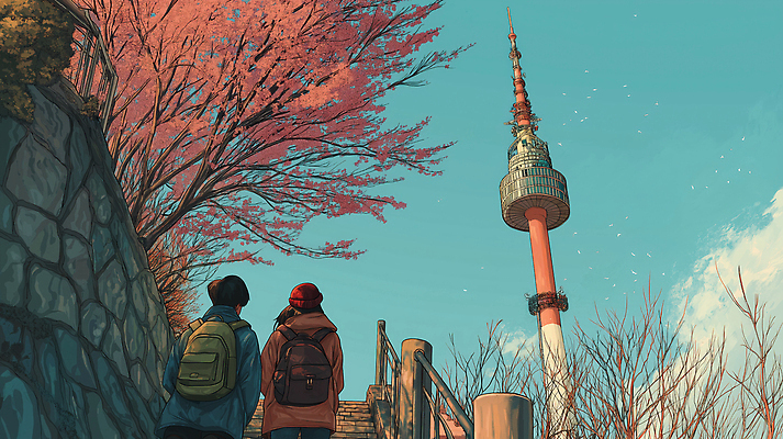 JPG 여자 남자 여유 일러스트 서울 한국 따뜻함 풍경 성인 두명 고요 봄 산책 올려보기 벚꽃 도시 감성 남산타워 꽃길 연분홍색 성인만 전경 국내일러스트 AI일러스트 AI콘텐츠 계절 꽃 감정 아시아 길 분홍색 컨셉 모션 휴식 사람 남산 파일형식 탑뷰