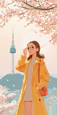 JPG 여자 여유 일러스트 서울 한국 따뜻함 한명 풍경 성인 고요 봄 벚꽃 도시 감성 남산타워 꽃길 연분홍색 성인여자한명만 안경낌 전경 국내일러스트 AI일러스트 AI콘텐츠 1 계절 꽃 감정 아시아 안경 길 분홍색 컨셉 사람 남산 여자한명만 성인여자만 파일형식 탑뷰