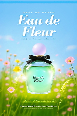 PSD 구름 편집이미지 꽃 포스터 리본 하늘색 하늘 사람없음 빛 반짝임 햇빛 향수 성년의날 이미지편집 자연요소 식물 기념일 모션 파란색 태양 화장품 파일형식