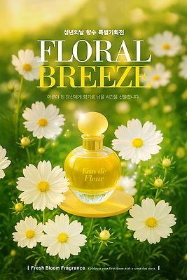 PSD 편집이미지 포스터 잔디 사람없음 초록색 반짝임 햇빛 노란색 향수 데이지 성년의날 이미지편집 식물 기념일 꽃 컬러 모션 태양 화장품 파일형식