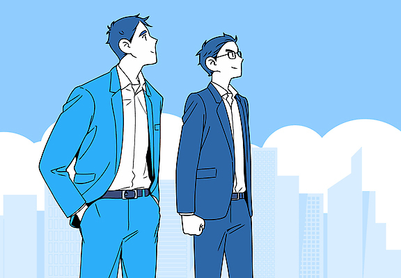 구름 남자 하늘색 일러스트 미소 정장 성인 두명 비즈니스맨 주머니손 빌딩숲 성인남자만 안경낌 국내일러스트 AI파일 자연요소 옷 안경 비즈니스 모션 표정 사람 빌딩 파란색 직장인 남자만 성인만 파일형식 벡터