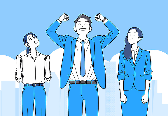 구름 여자 남자 하늘색 일러스트 미소 정장 성인 세명 손들기 만세 비즈니스맨 비즈니스우먼 빌딩숲 성인만 국내일러스트 AI파일 자연요소 옷 비즈니스 모션 표정 사람 빌딩 파란색 직장인 파일형식 벡터