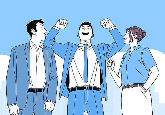 구름 여자 남자 하늘색 일러스트 미소 정장 성인 세명 만세 비즈니스맨 비즈니스우먼 주머니손 빌딩숲 성인만 국내일러스트 AI파일 자연요소 옷 비즈니스 모션 표정 사람 빌딩 파란색 직장인 파일형식 벡터