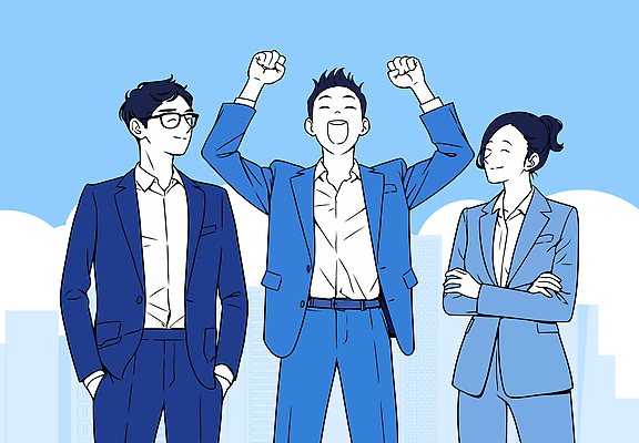 구름 여자 남자 하늘색 일러스트 미소 정장 성인 세명 팔짱 만세 비즈니스맨 비즈니스우먼 주머니손 빌딩숲 성인만 안경낌 국내일러스트 AI파일 자연요소 옷 안경 비즈니스 모션 표정 사람 빌딩 파란색 직장인 파일형식 벡터