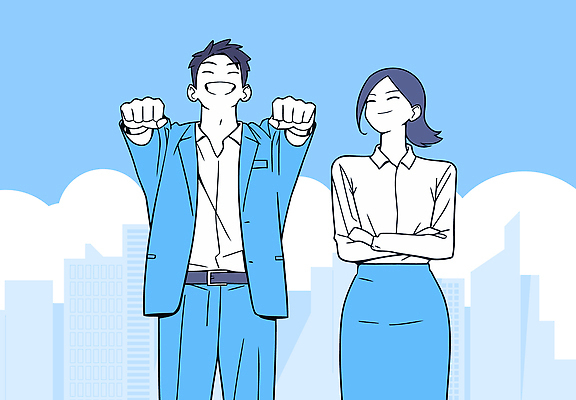 구름 여자 남자 하늘색 일러스트 미소 정장 성인 두명 팔짱 비즈니스맨 비즈니스우먼 빌딩숲 손뻗기 성인만 국내일러스트 AI파일 자연요소 옷 비즈니스 모션 표정 사람 빌딩 파란색 직장인 파일형식 벡터