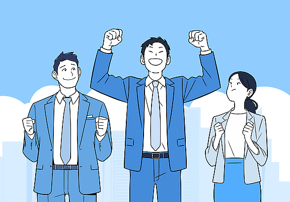 구름 여자 남자 하늘색 일러스트 미소 정장 성인 세명 손들기 만세 비즈니스맨 비즈니스우먼 빌딩숲 성인만 국내일러스트 AI파일 자연요소 옷 비즈니스 모션 표정 사람 빌딩 파란색 직장인 파일형식 벡터