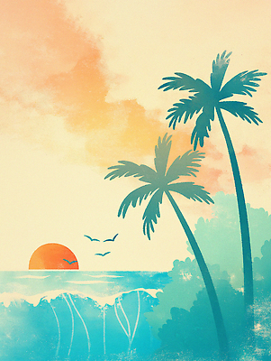 JPG 파도 일러스트 하늘 해변 사람없음 여름 야자수 태양 노을 풀 새떼 국내일러스트 AI일러스트 AI콘텐츠 자연요소 나무 식물 계절 바다 조류 파일형식