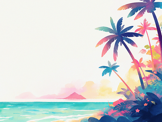 JPG 섬 일러스트 하늘 해변 사람없음 여름 야자수 풀 열대꽃 국내일러스트 AI일러스트 AI콘텐츠 나무 식물 계절 꽃 바다 파일형식