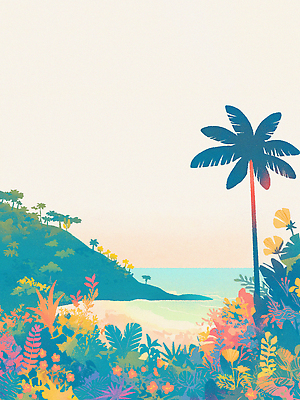 JPG 일러스트 하늘 해변 사람없음 여름 야자수 풀 열대꽃 국내일러스트 AI일러스트 AI콘텐츠 나무 식물 계절 꽃 바다 파일형식