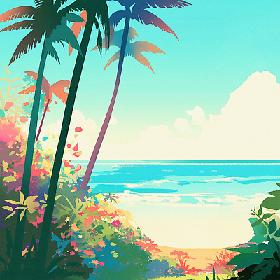 JPG 일러스트 하늘 해변 사람없음 여름 야자수 풀 국내일러스트 AI일러스트 AI콘텐츠 나무 식물 계절 바다 파일형식
