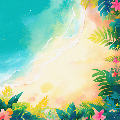 JPG 일러스트 해변 사람없음 여름 모래사장 풀 열대꽃 열대잎 국내일러스트 AI일러스트 AI콘텐츠 식물 계절 꽃 바다 잎 파일형식