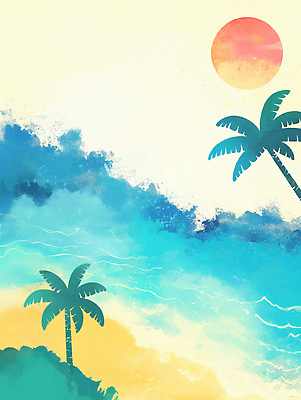 JPG 일러스트 하늘 해변 사람없음 여름 모래사장 야자수 태양 풀 국내일러스트 AI일러스트 AI콘텐츠 자연요소 나무 식물 계절 바다 파일형식