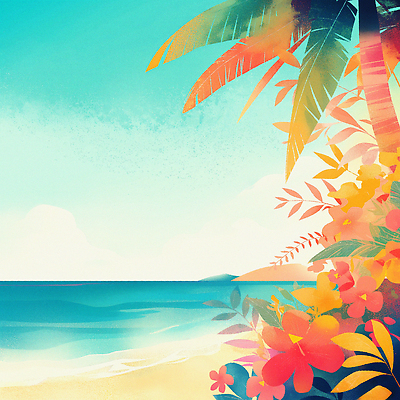 JPG 일러스트 하늘 해변 사람없음 여름 야자수 풀 열대꽃 국내일러스트 AI일러스트 AI콘텐츠 나무 식물 계절 꽃 바다 파일형식