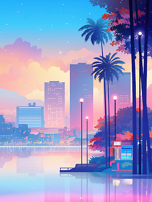 JPG 구름 호수 야경 가로등 일러스트 밤하늘 빌딩 사람없음 빛 컬러풀 야자수 반사 도심 매점 국내일러스트 AI일러스트 AI콘텐츠 자연요소 나무 공공시설 컬러 하늘 건물 상점 도시 야간 파일형식 풍경_경치