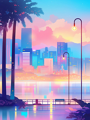JPG 구름 호수 야경 가로등 벤치 일러스트 밤하늘 빌딩 사람없음 빛 울타리 컬러풀 야자수 반사 도심 국내일러스트 AI일러스트 AI콘텐츠 자연요소 나무 공공시설 컬러 의자 하늘 건물 담장 도시 야간 파일형식 풍경_경치