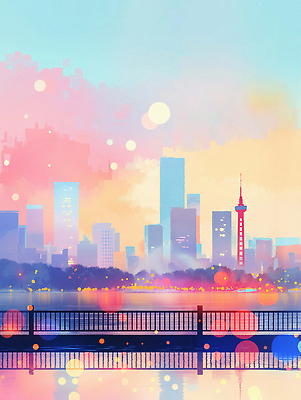 JPG 구름 호수 야경 일러스트 밤하늘 빌딩 사람없음 빛 울타리 컬러풀 탑 도심 보케 국내일러스트 AI일러스트 AI콘텐츠 자연요소 건축물 컬러 하늘 건물 담장 도시 야간 파일형식 풍경_경치