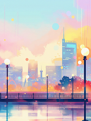 JPG 구름 호수 야경 가로등 일러스트 밤하늘 빌딩 사람없음 빛 컬러풀 반사 풀 도심 국내일러스트 AI일러스트 AI콘텐츠 자연요소 식물 공공시설 컬러 하늘 건물 도시 야간 파일형식 풍경_경치