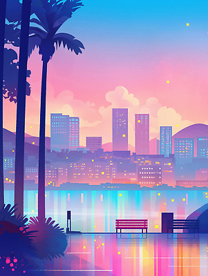 JPG 구름 호수 야경 벤치 일러스트 밤하늘 빌딩 사람없음 빛 컬러풀 야자수 도심 국내일러스트 AI일러스트 AI콘텐츠 자연요소 나무 컬러 의자 하늘 건물 도시 야간 파일형식 풍경_경치