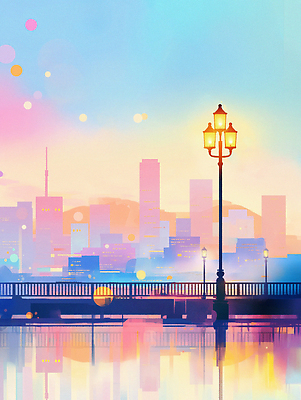 JPG 구름 호수 야경 가로등 일러스트 밤하늘 빌딩 사람없음 빛 울타리 컬러풀 반사 도심 국내일러스트 AI일러스트 AI콘텐츠 자연요소 공공시설 컬러 하늘 건물 담장 도시 야간 파일형식 풍경_경치