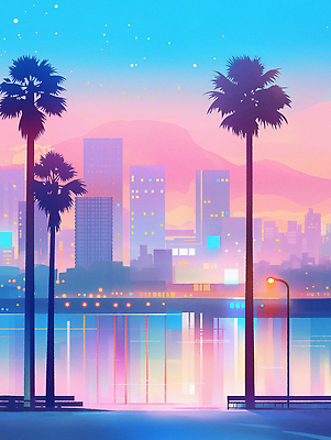 JPG 구름 호수 야경 가로등 일러스트 밤하늘 빌딩 사람없음 빛 울타리 컬러풀 야자수 도심 국내일러스트 AI일러스트 AI콘텐츠 자연요소 나무 공공시설 컬러 하늘 건물 담장 도시 야간 파일형식 풍경_경치