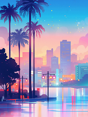 JPG 구름 호수 야경 가로등 벤치 일러스트 밤하늘 빌딩 사람없음 빛 컬러풀 야자수 도심 국내일러스트 AI일러스트 AI콘텐츠 자연요소 나무 공공시설 컬러 의자 하늘 건물 도시 야간 파일형식 풍경_경치